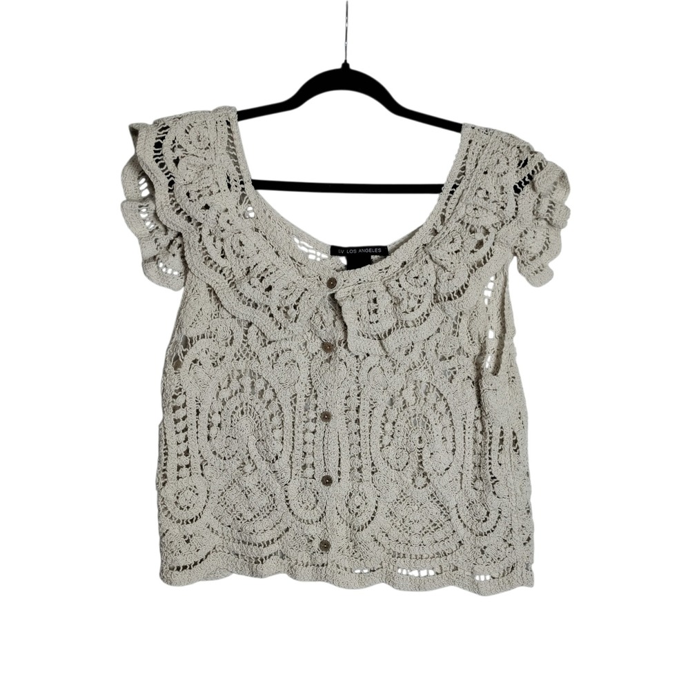 Liv Los Angeles Womens XL Beige Cotton Crochet Ruffle Button Front Top